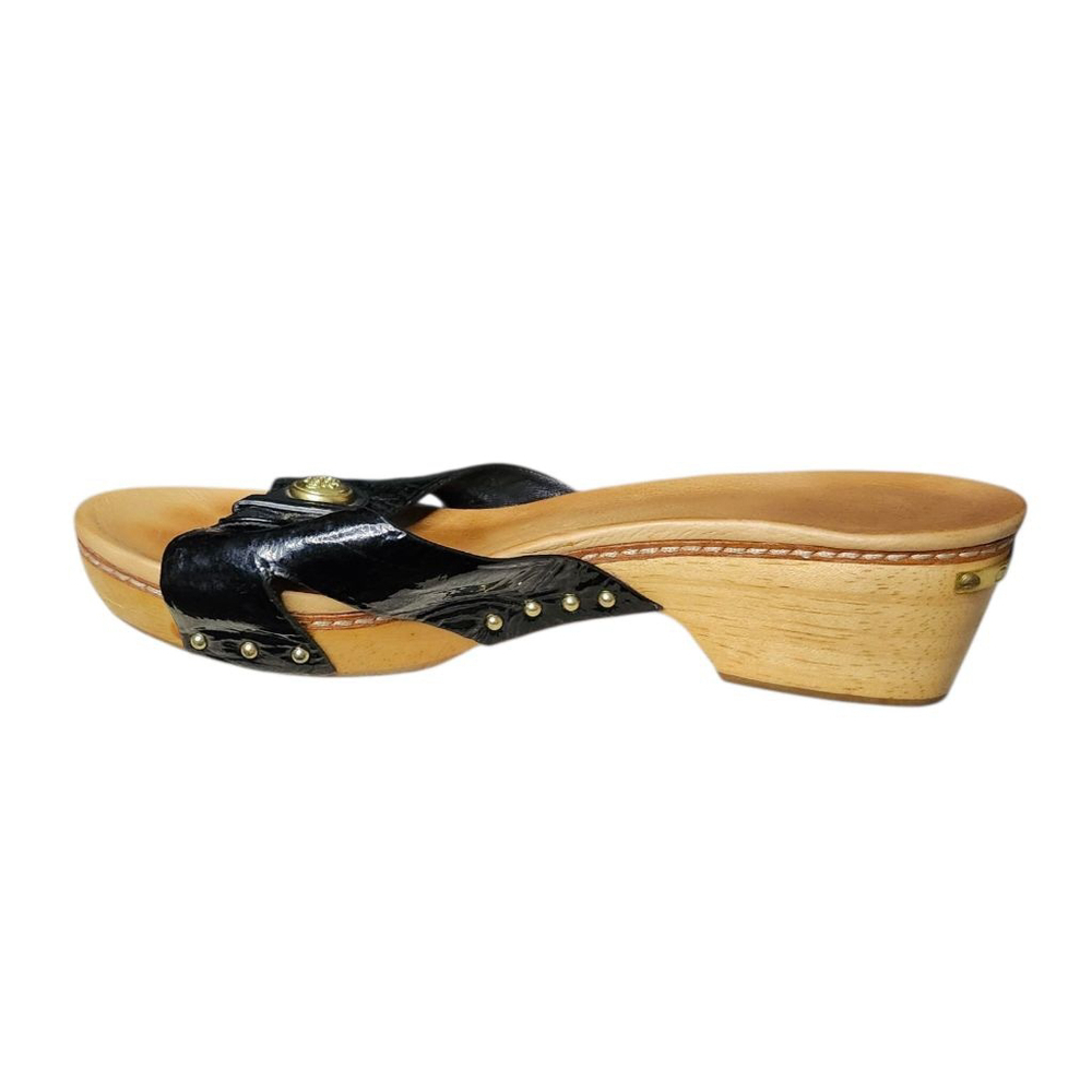Coach Black Crinkle Patent Leather "Lee" Wooden Clogs Size 9.5 - Picture 5 of 8